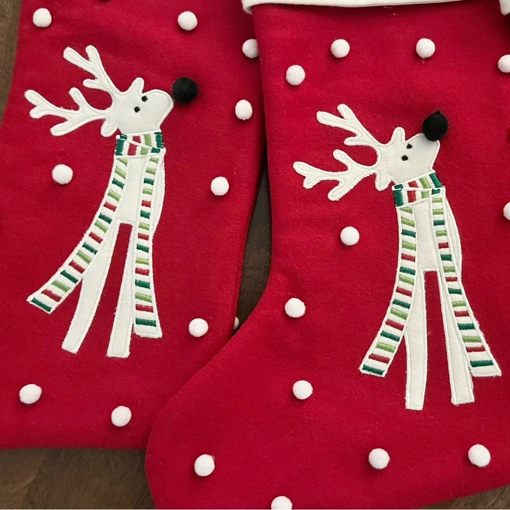 Crate&Barrel Reindeer Red and White Holiday Wool Blend Stockings Set of 3